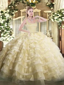 Straps Sleeveless Zipper 15 Quinceanera Dress Gold Organza