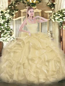 Discount Gold Straps Zipper Beading and Ruffles 15 Quinceanera Dress Sleeveless