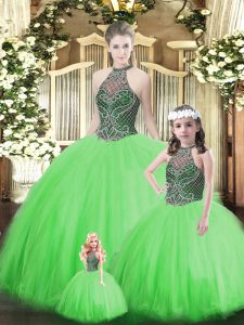 Green Lace Up Vestidos de Quinceanera Beading Sleeveless Floor Length