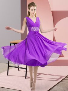 Purple Empire V-neck Sleeveless Chiffon Knee Length Side Zipper Beading Vestidos de Damas