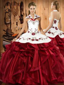 Modern Sleeveless Floor Length Embroidery and Ruffles Lace Up Quinceanera Gowns with Wine Red