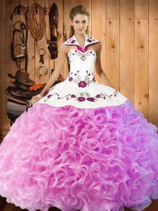 Floor Length Lace Up 15th Birthday Dress Rose Pink for Military Ball and Sweet 16 and Quinceanera with Embroidery