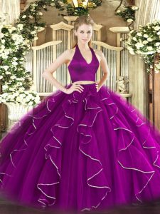 Custom Fit Floor Length Zipper Quince Ball Gowns Purple for Military Ball and Sweet 16 and Quinceanera with Ruffles