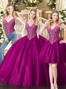 Charming Beading Sweet 16 Dress Fuchsia Lace Up Sleeveless Floor Length