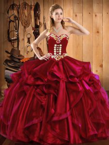 Custom Designed Sleeveless Floor Length Embroidery and Ruffles Lace Up 15th Birthday Dress with Wine Red
