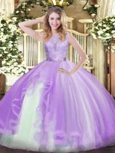 On Sale Lavender Sleeveless Floor Length Lace and Ruffles Backless Quinceanera Gowns