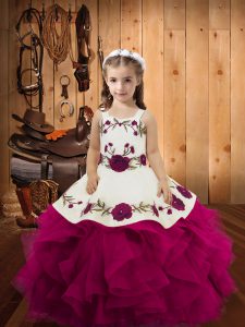 Amazing Fuchsia Tulle Lace Up Straps Sleeveless Floor Length Kids Pageant Dress Embroidery and Ruffles