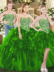 Sleeveless Floor Length Beading and Ruffles Lace Up Sweet 16 Quinceanera Dress with Dark Green