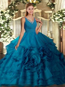 V-neck Sleeveless Side Zipper Quinceanera Gown Teal Organza