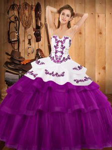 Sexy Fuchsia Ball Gowns Tulle Strapless Sleeveless Embroidery and Ruffled Layers Lace Up Vestidos de Quinceanera Sweep Train