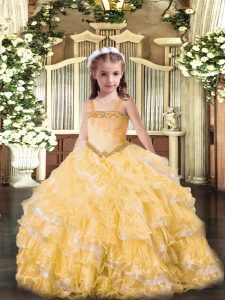 Dramatic Sleeveless Floor Length Appliques and Ruffled Layers Lace Up Little Girls Pageant Gowns with Gold