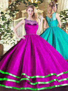 Enchanting Scoop Sleeveless Lace Up Vestidos de Quinceanera Fuchsia Organza