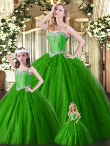 Sumptuous Floor Length Lace Up 15 Quinceanera Dress Green for Military Ball and Sweet 16 and Quinceanera with Beading