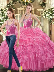 Hot Pink Ball Gowns Tulle Straps Sleeveless Beading and Ruffles and Pick Ups Floor Length Lace Up Quinceanera Dresses