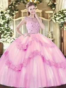 Rose Pink Ball Gowns Tulle Bateau Sleeveless Beading and Appliques Floor Length Zipper Ball Gown Prom Dress