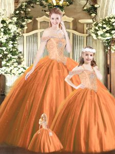 Trendy Off The Shoulder Sleeveless Quinceanera Dress Floor Length Beading Orange Red Tulle
