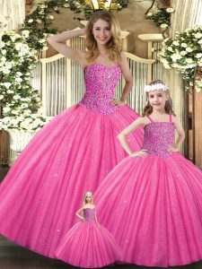 Elegant Hot Pink Lace Up Ball Gown Prom Dress Beading Sleeveless Floor Length