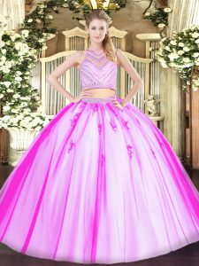 Top Selling Rose Pink Two Pieces Tulle Scoop Sleeveless Beading Floor Length Zipper Sweet 16 Dress