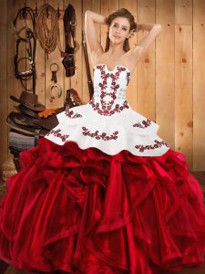 Glorious Wine Red Sleeveless Satin and Organza Lace Up Quinceanera Gown for Military Ball and Sweet 16 and Quinceanera
