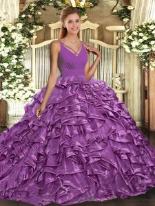 Simple Lilac Ball Gowns Ruffles Sweet 16 Dresses Backless Organza Sleeveless With Train