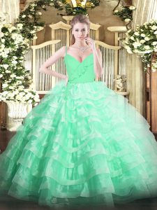 Inexpensive Apple Green Spaghetti Straps Zipper Ruffled Layers Ball Gown Prom Dress Sleeveless