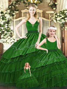 Decent Green Lace Up V-neck Beading and Embroidery and Ruffled Layers 15th Birthday Dress Organza Sleeveless