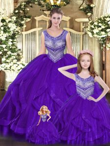 Glamorous Eggplant Purple Sleeveless Tulle Lace Up Sweet 16 Dresses for Military Ball and Sweet 16 and Quinceanera