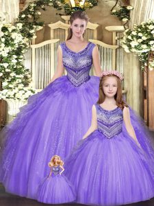Perfect Sleeveless Tulle Floor Length Lace Up Ball Gown Prom Dress in Eggplant Purple with Beading and Ruffles