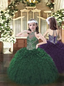 Organza Halter Top Sleeveless Lace Up Beading and Ruffles Pageant Dresses in Dark Green