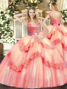 Floor Length Zipper Sweet 16 Dresses Watermelon Red for Military Ball and Sweet 16 with Beading and Appliques