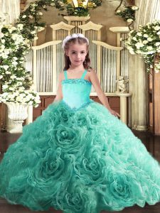 Turquoise Ball Gowns Straps Sleeveless Fabric With Rolling Flowers Floor Length Lace Up Appliques Little Girls Pageant Dress Wholesale