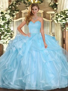 Sleeveless Floor Length Ruffles Lace Up Quinceanera Dress with Aqua Blue