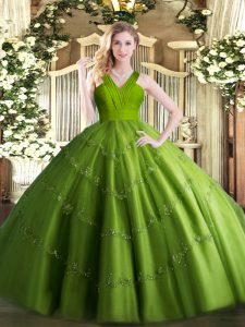 High End Olive Green Tulle Zipper V-neck Sleeveless Floor Length Sweet 16 Dresses Beading