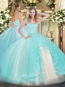 Tulle Straps Sleeveless Zipper Beading Vestidos de Quinceanera in Aqua Blue