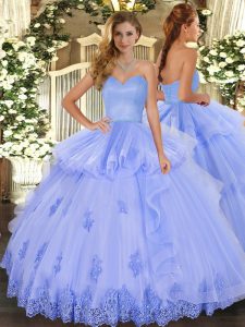 Nice Tulle Sleeveless Floor Length Quince Ball Gowns and Beading and Appliques and Ruffles