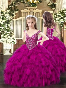 Best V-neck Sleeveless Organza Girls Pageant Dresses Beading and Ruffles Lace Up