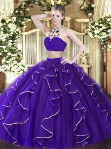 Beading and Ruffles Sweet 16 Dresses Purple Backless Sleeveless Floor Length