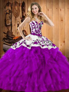 Spectacular Eggplant Purple Ball Gowns Embroidery and Ruffles Quinceanera Gown Lace Up Satin and Organza Sleeveless Floor Length