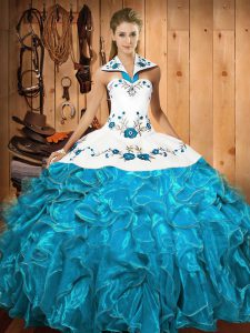 On Sale Sleeveless Satin and Organza Floor Length Lace Up 15 Quinceanera Dress in Baby Blue with Embroidery and Ruffles