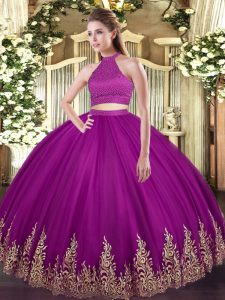 Pretty Halter Top Sleeveless Sweet 16 Dresses Floor Length Beading and Appliques Fuchsia Tulle