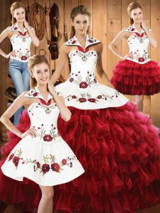 Floor Length Lace Up Sweet 16 Dresses Wine Red for Military Ball and Sweet 16 and Quinceanera with Embroidery and Ruffled Layers