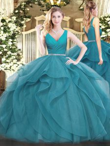 Best Selling Teal Zipper Quinceanera Gowns Beading and Ruffles Sleeveless Floor Length