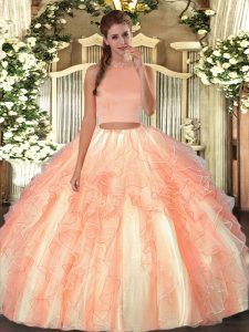 Fantastic Floor Length Orange Red Quinceanera Dresses Organza Sleeveless Beading and Ruffles