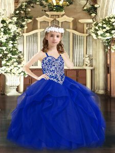 Royal Blue Lace Up Pageant Gowns For Girls Beading and Ruffles Sleeveless Floor Length