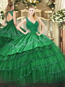 Floor Length Green Quinceanera Gown V-neck Sleeveless Zipper