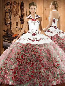 New Style Multi-color Ball Gowns Fabric With Rolling Flowers Halter Top Sleeveless Embroidery Lace Up Sweet 16 Dresses Sweep Train