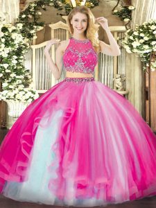 Hot Sale Scoop Sleeveless Zipper Quince Ball Gowns Hot Pink Organza