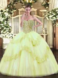 Yellow Green Ball Gowns Beading and Appliques Sweet 16 Quinceanera Dress Lace Up Tulle Sleeveless Floor Length