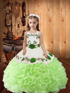 Yellow Green Fabric With Rolling Flowers Lace Up Straps Sleeveless Floor Length Pageant Gowns For Girls Embroidery and Ruffles