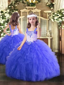 Blue Tulle Lace Up Kids Formal Wear Sleeveless Floor Length Beading and Ruffles